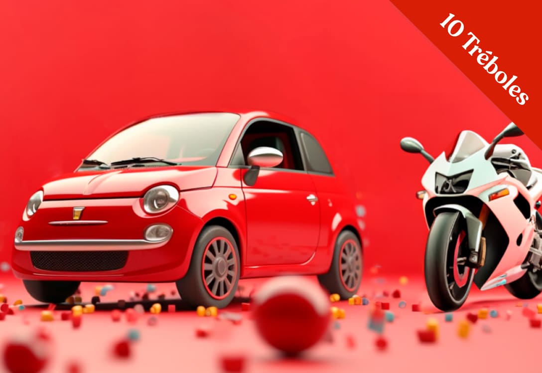 Coche y Moto entre globos rojos. Promoción 10 treboles