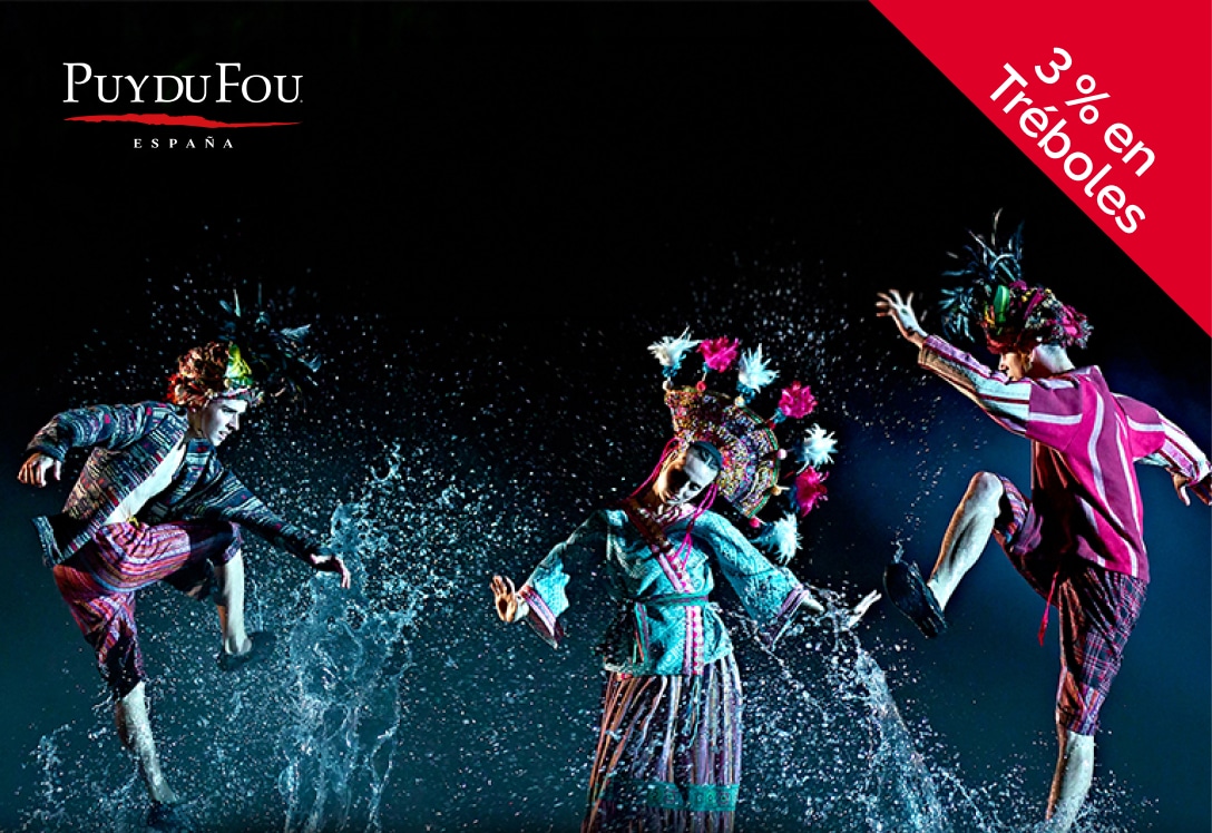 Actores danzando con agua en el espectáculo Puy du Fou que anuncia el descuento de 3 % en Tréboles