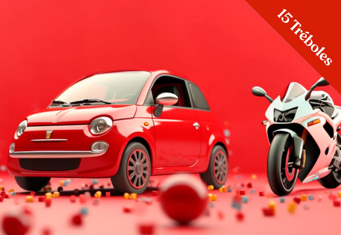 Coche y Moto entre globos rojos. Promoción 10 treboles